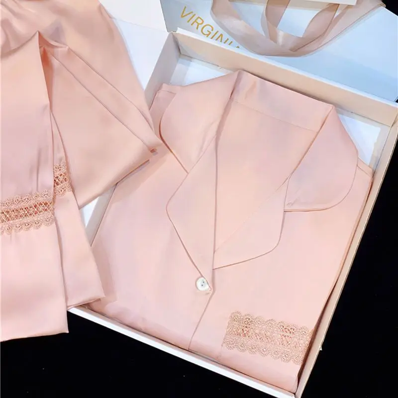 Pieces Elegant Women's 2 Pamas Sets Faux Silk Lace Splicing Loungewear Femal Spring Autumn Causal Comfortable Home Clothing smile