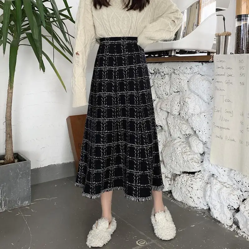 Korejepo Sweet Knitted Skirt Women Autumn Winter New A line Black Skirts Mid Length Umbrella Student Gentle Bottoms