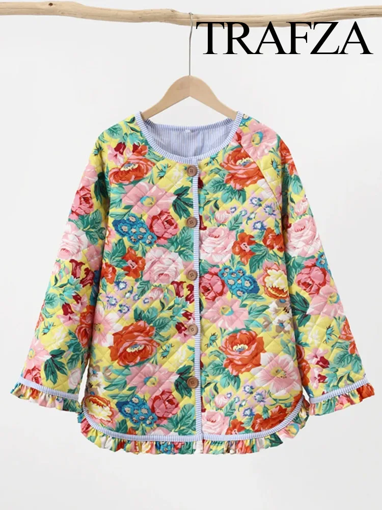 TRAFZA Women's Flower Print Coat Quilted Reversible Long Sleeve Open Front 2 In One Jackets Autumn Vintage Streetwear Coat