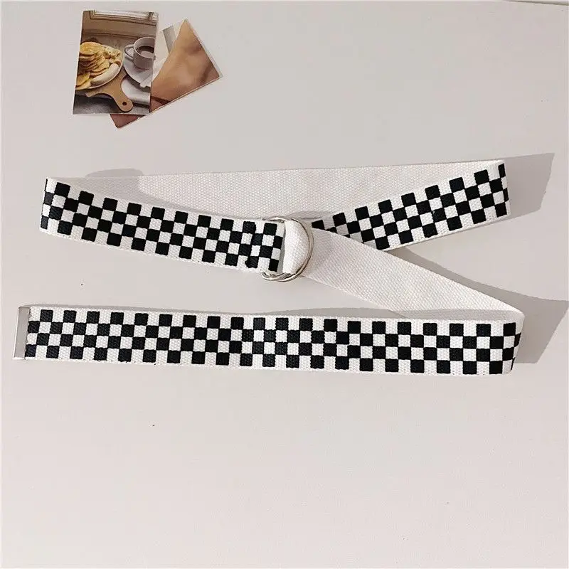 Casual Checkerboard Canvas Belt for Men Women Black Plaid D Ring Double Buckle Long Waist Strap Student Teenager Jeans Belts