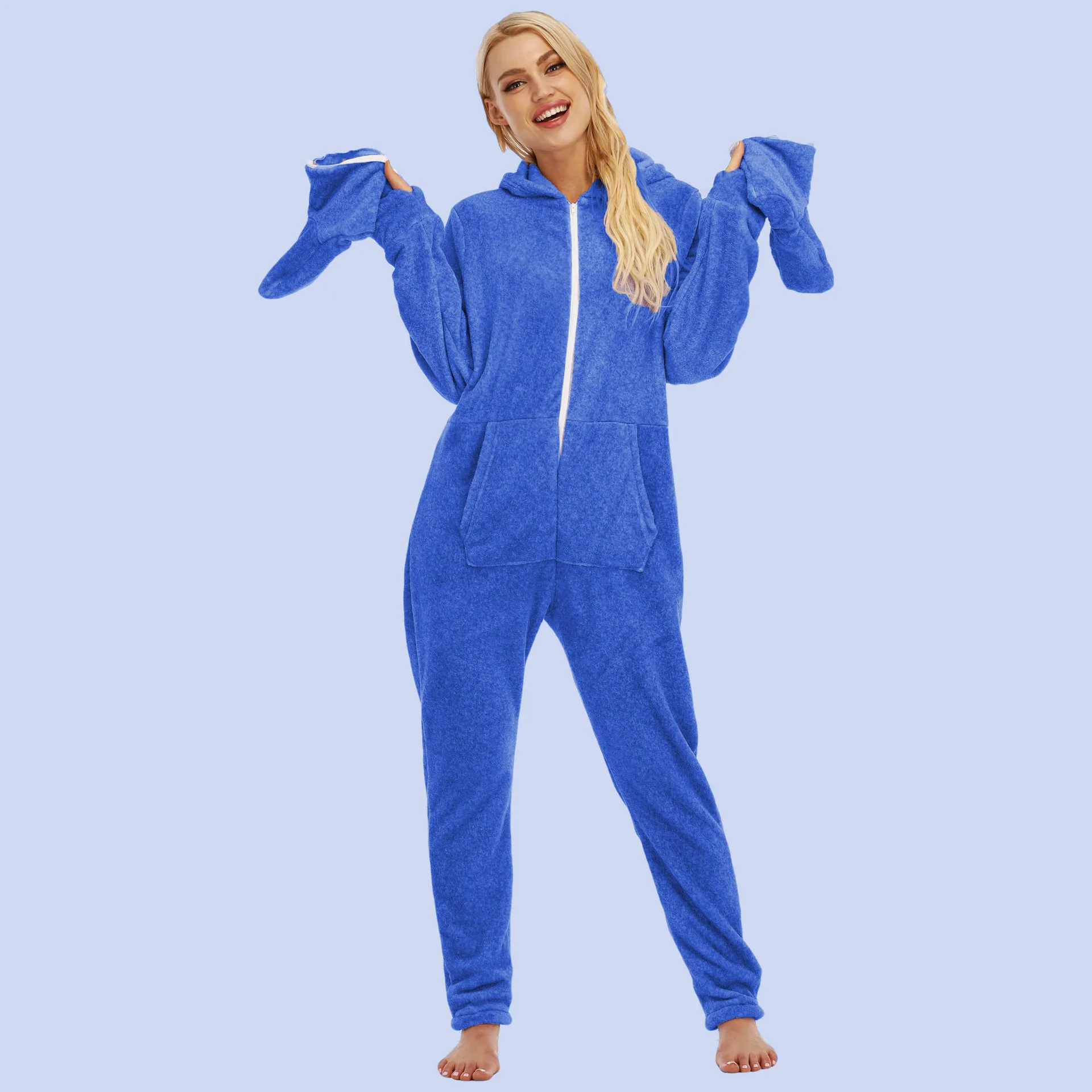 Adults Women Solid Hooded Fleece Onesie Pocket Sleepwear One-Piece Pijama Cosplay Costume Zipper Blue Pajamas