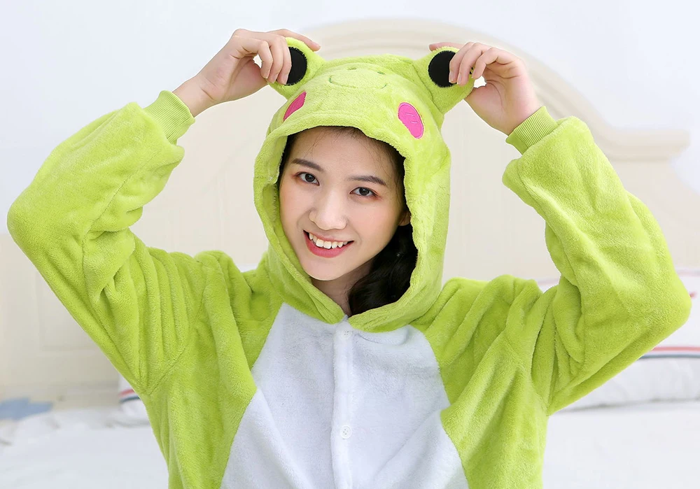 Green Frog Onesies Plush Pajamas Winter Flannel Warm Sleepwear Halloween Christmas Cosplay Costume Women Men Kids Family Costume