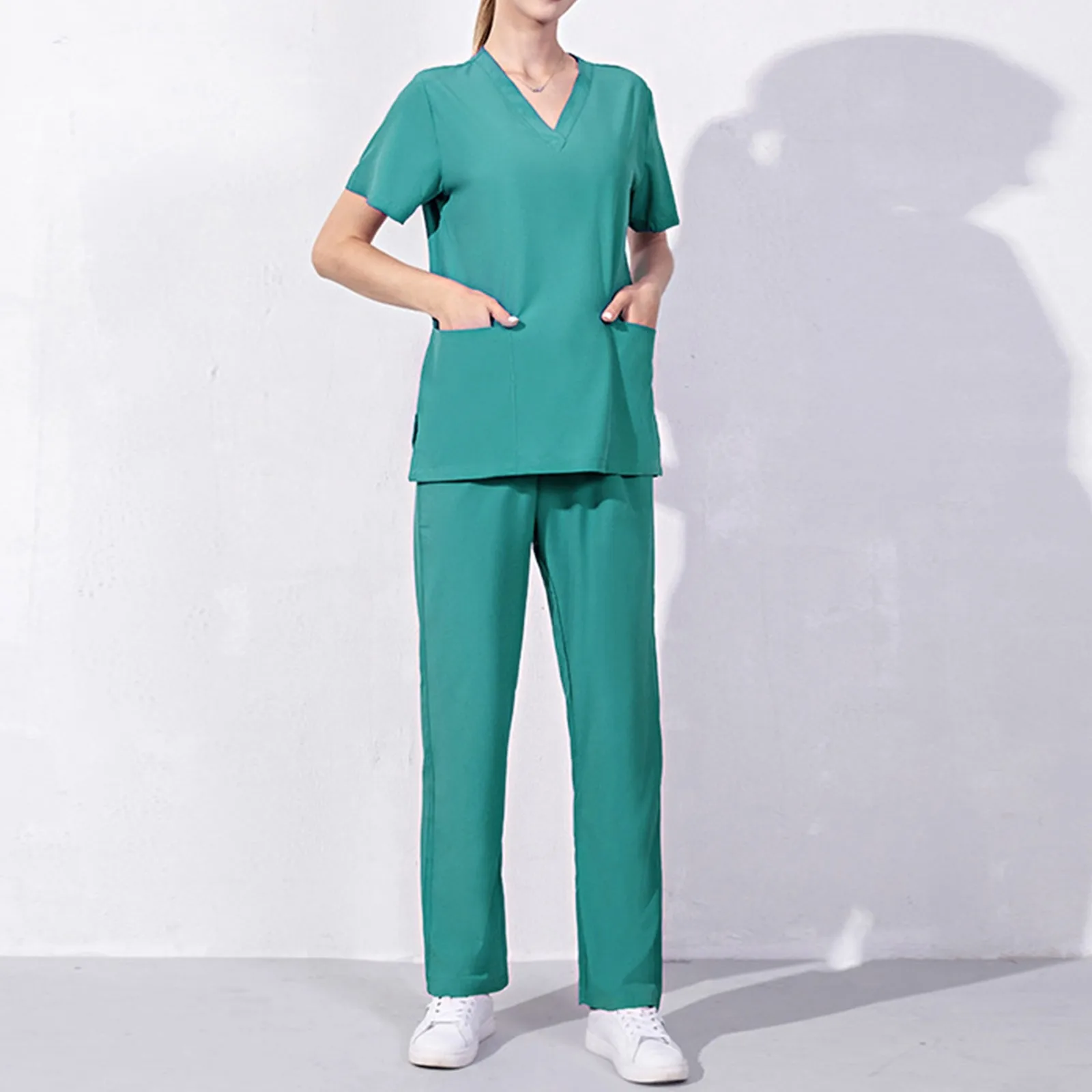 Scrub Uniform Tops Suit Two Piece Workwear Women Short Sleeve Nursed Working T Shirts Top With Pocket Long Pants Solid Color Set