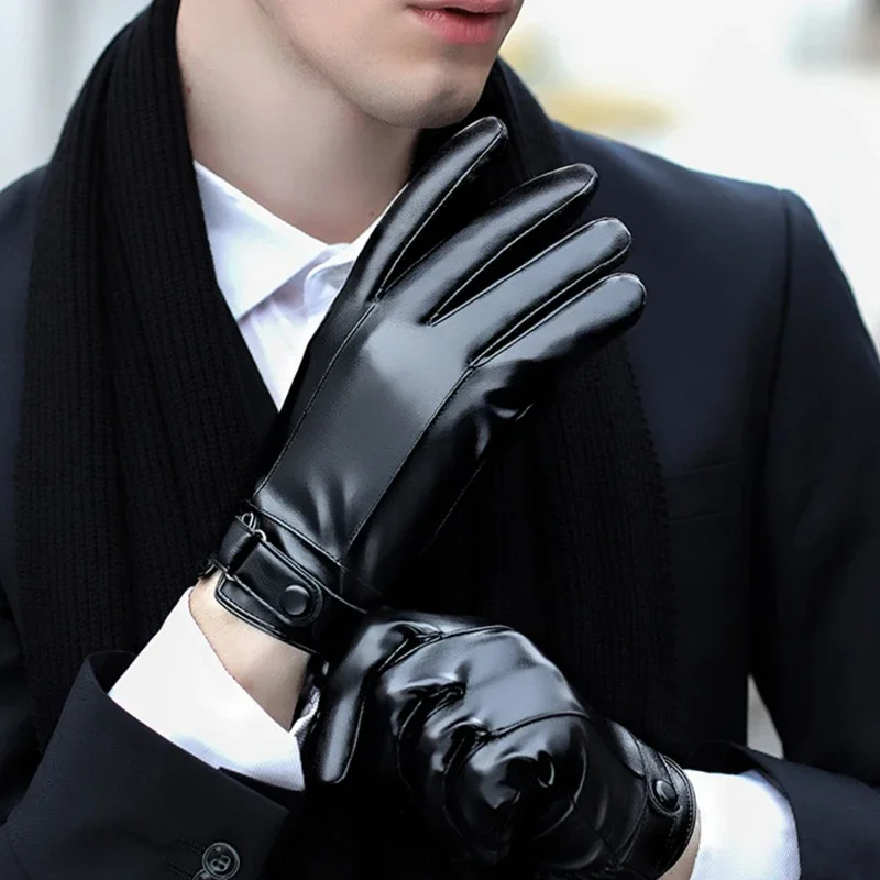 Fleece Linings Leather Gloves Men's PU Leather Cashmere Warm Sports Male Winter Autumn Driving Mittens Waterproof Tactical Glove