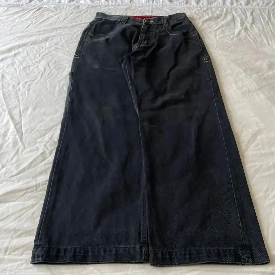 Streetwear JNCO Jeans Y2K Hip Hop Flame Skull Embroidery Retro Baggy Jeans Black Pants Punk Rock Gothic High Waist Wide Trousers