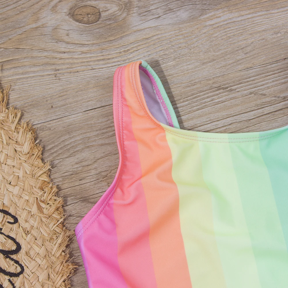 7-14 Years Rainbow Print Kids Girls One Piece Swimsuit Children Baby Summer Swimwear Monokini With Belt Brand Child Bathing Suit