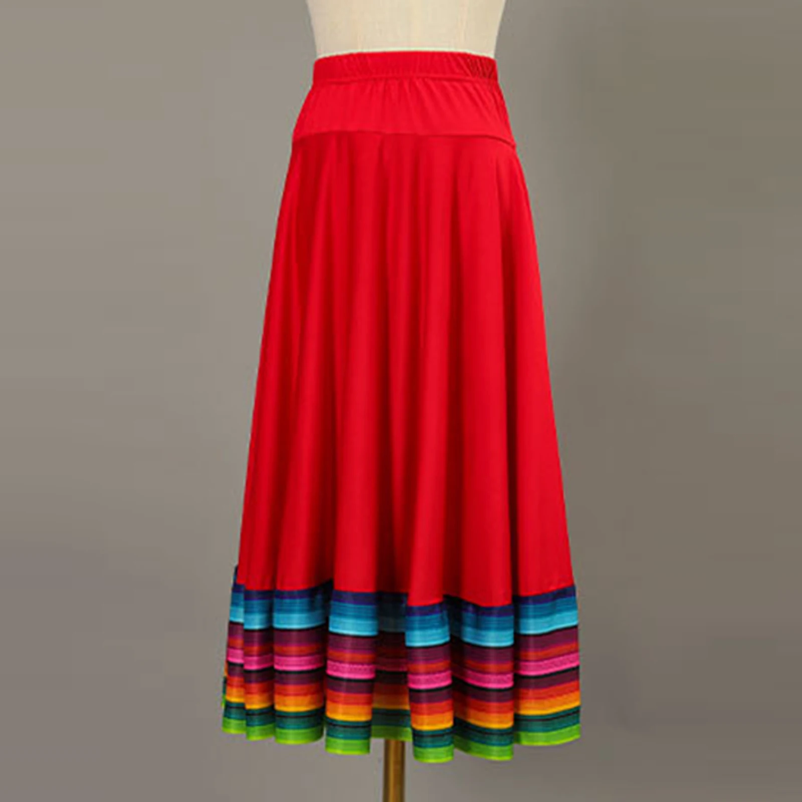 Womens Folklorico Dance Skirts Spanish Folkloric Mexican Flamenco Full Circle Performance Costume Colorful Stripe Hem Skirt