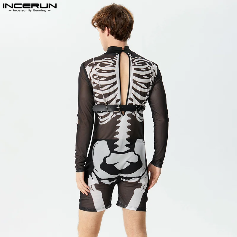 Mesh Rompers 2023 Men's Transparent Turtleneck Long Sleeve Sexy Bodysuits Printing Homewear Male Pamas Jumpsuits S-3XL INCERUN smile