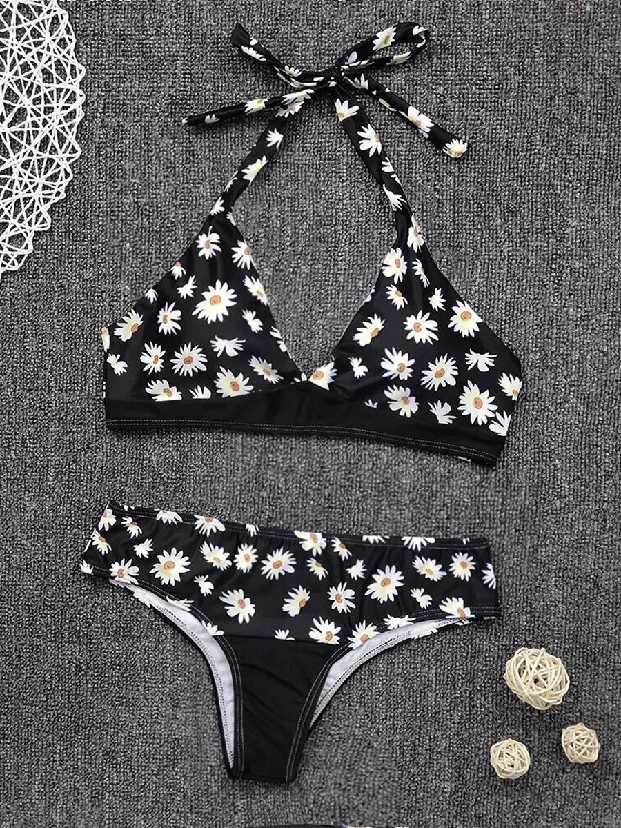 Halter Triangle Bikini Set Floral Printed Swimwear Female Sexy Strap Swimsuit Women Padded Bathing Suit Swimming Beachwear