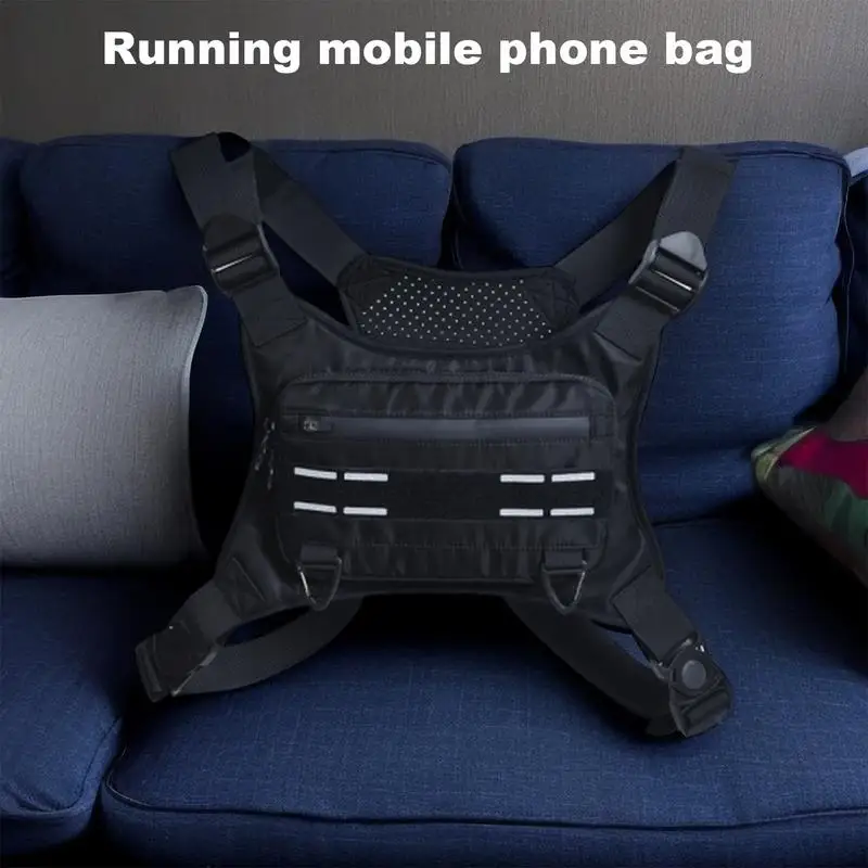 Running Chest Bag Waterproof Lightweight Front Chest Pack Reflective Sport Running Vest Bag With Built-In Phone Holder