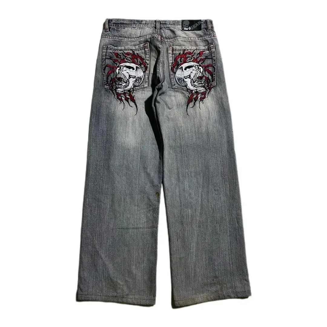 Skull Embroidered Baggy Jeans Y2K Jeans Mens Hip Hop Retro Denim Pants New Gothic High Waist Wide Trousers Streetwear Men New