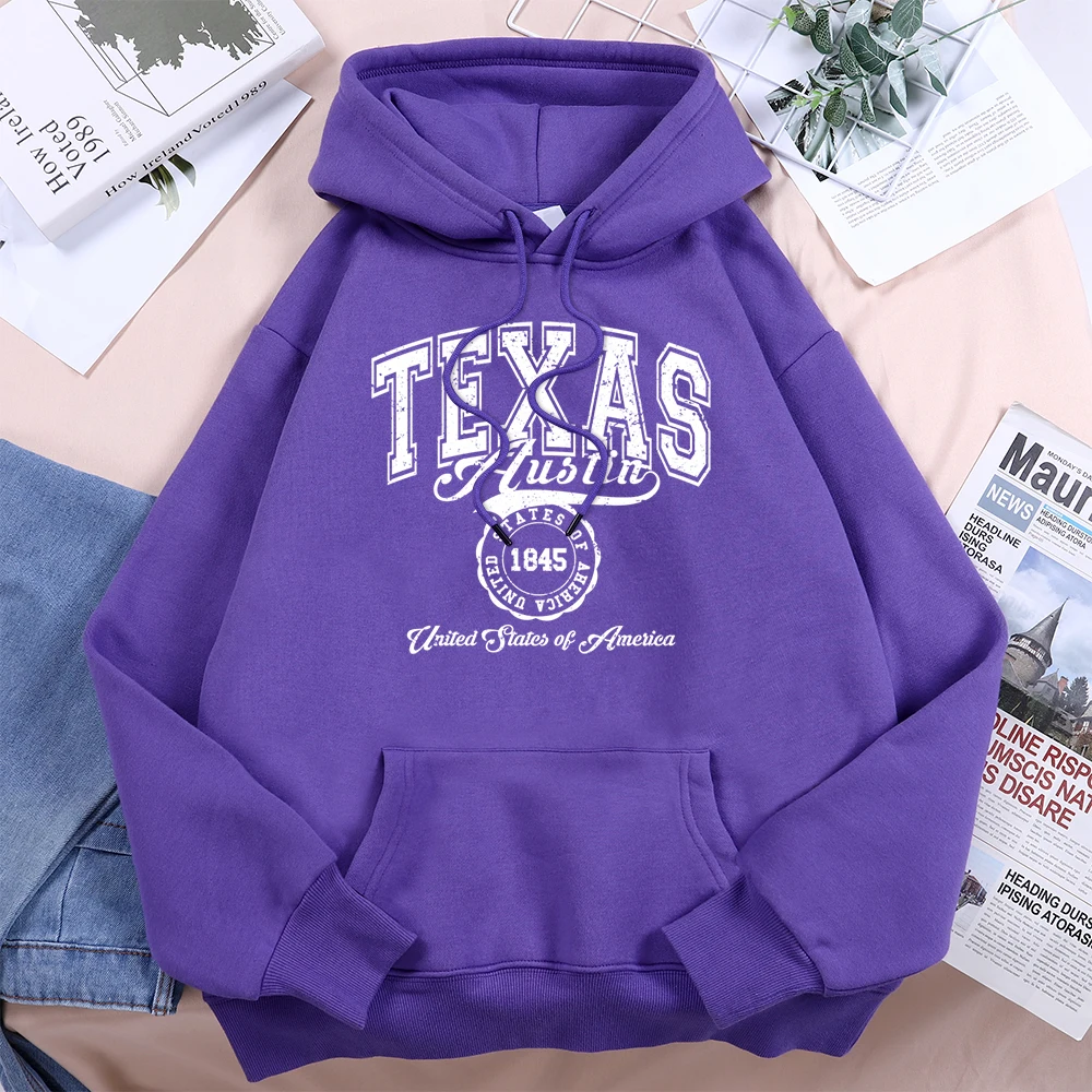 Texas Austin United States new 2025 Of America Hoodies Women Fleece Crew Neck Hooded Creative Novelty Hoodie Street Haruku Unisex Tops