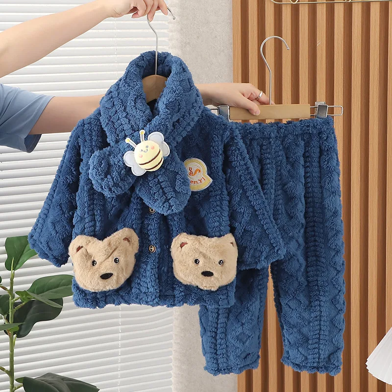 Flannel Pajamas Set New Winter Warm Homewear for Children Thicken Coral Fleece Clothing Suit Christmas Girls Boy Pijama 0-6Y