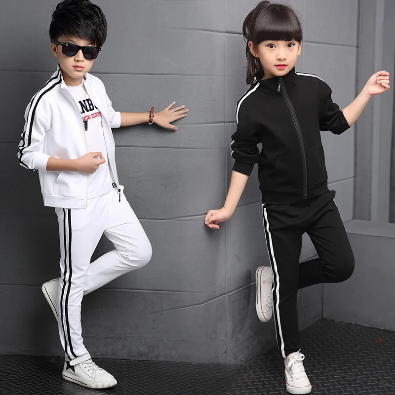 2022 girls Boys Clothes Children solid Color Sports Suit Teenager tracksuit strip jacket + sports pants 6 10 11 12 14 15 years