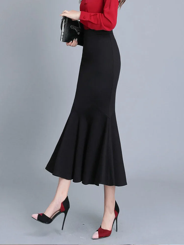 FairyShely 2024 Summer 2025 Mermaid Black Skirt For Women High new Waist Long Skirts Korean Sexy Midi Pleated Office Lady Skirt