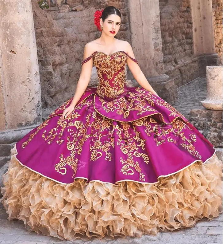Fuchsia Gold Charro Quinceanera Dresses Ball Gown new Off The Shoulder Appliques 2025 Mexican Sweet 16 Dresses 15 Anos