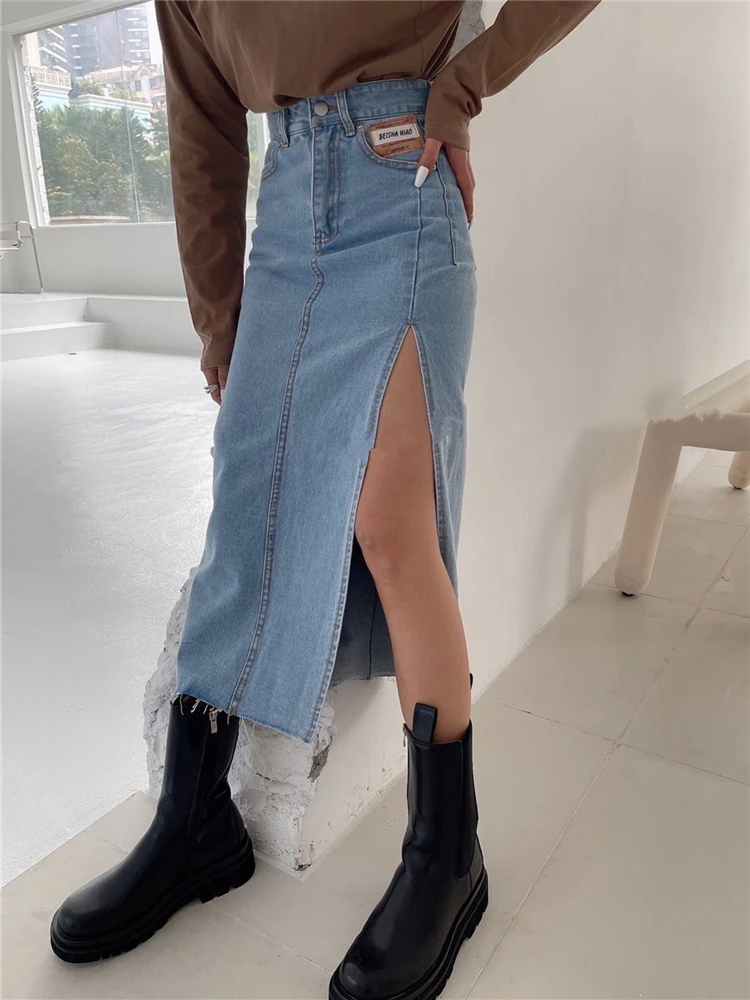 REALEFT New Summer Women's Long Denim Skirts Vintage 2025 High Wasit Jeans new Skirt Straight Side Split A-line Pencil Skirts Female