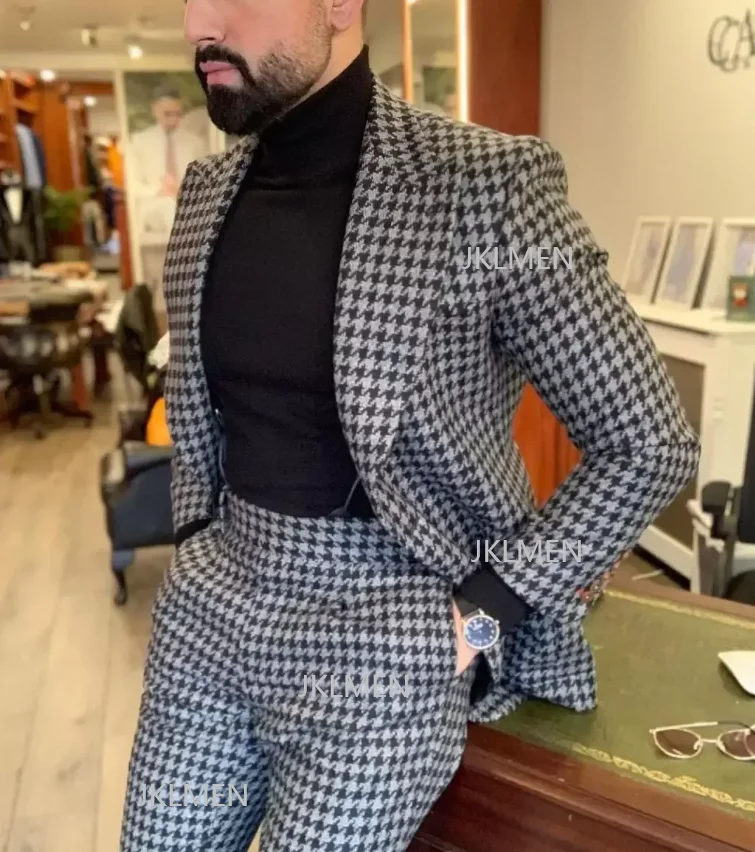 Houndstooth Mens Suits 2PCS Wedding Tuxedos Vintage Fit Formal Groom Wear Tweed 2 Piece Jacket Pants Coustime Homme Luxe