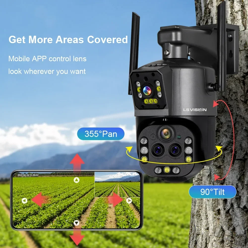 LS VISION 8K WiFi Camera Outdoor 20X Zoom Four Lens Dual Screen Security Cam PTZ CCTV Monitor Auto Tracking Surveillance Camera