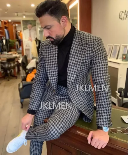 Houndstooth Mens Suits 2PCS Wedding Tuxedos Vintage Fit Formal Groom Wear Tweed 2 Piece Jacket Pants Coustime Homme Luxe