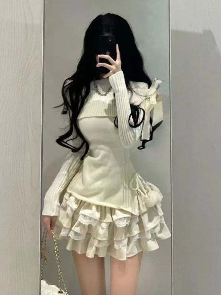 Autumn Winter Woman Vintage French Slah Neck Jumper Mori new Girl Sweater Fairycore Long Sleeve Solid 2025 Color Knitwears Gyaru Designer