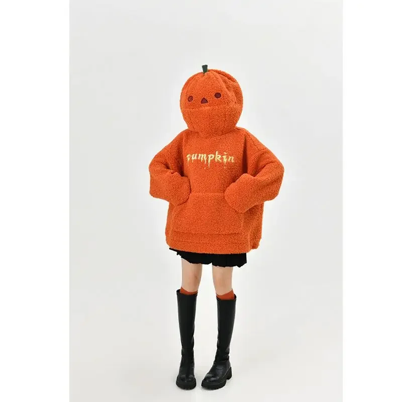 Deeptown Kawaii Plush Pumpkin Hoodies Women Toy Funny Halloween Berber Fleece Jacket Oversized Cutecore Christmas Winter Clothes