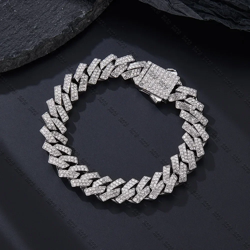 Ice Crystal Rhinestones Strip Spring Buckle Cuban Chain 15mm Hip Hop Men's and Women's Necklace Bracelet Accessory Jewelry