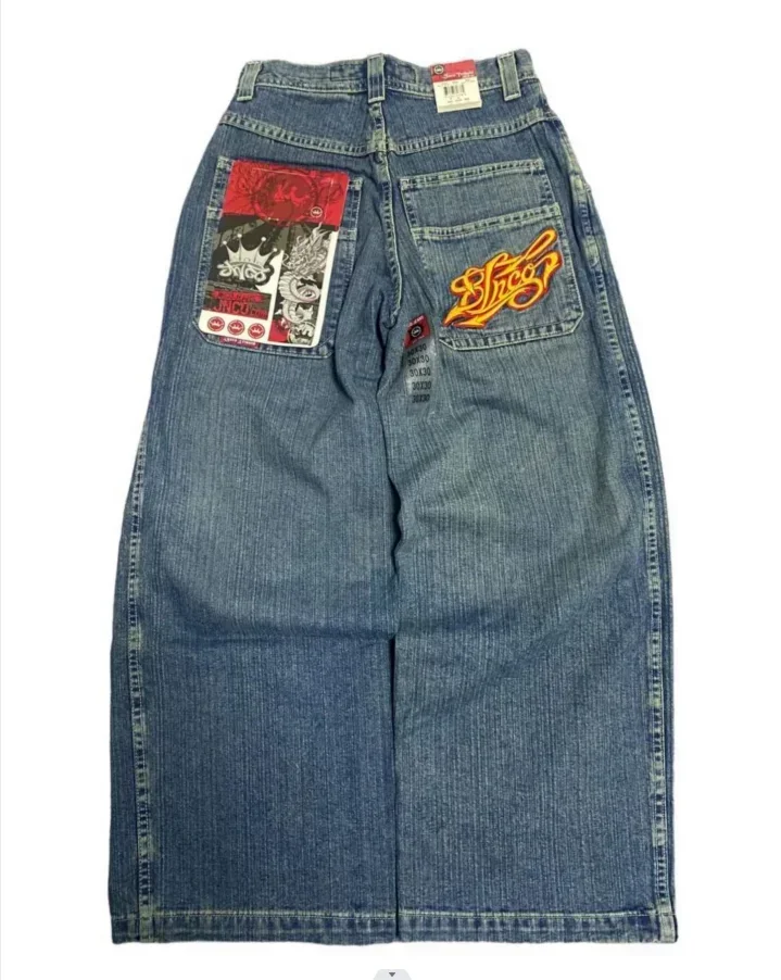 Y2K American Retro Pocket Embroidery Street Denim Wide-Leg Pants Harajuku Style Series Hip-Hop High-Waisted Straight Baggy Pant