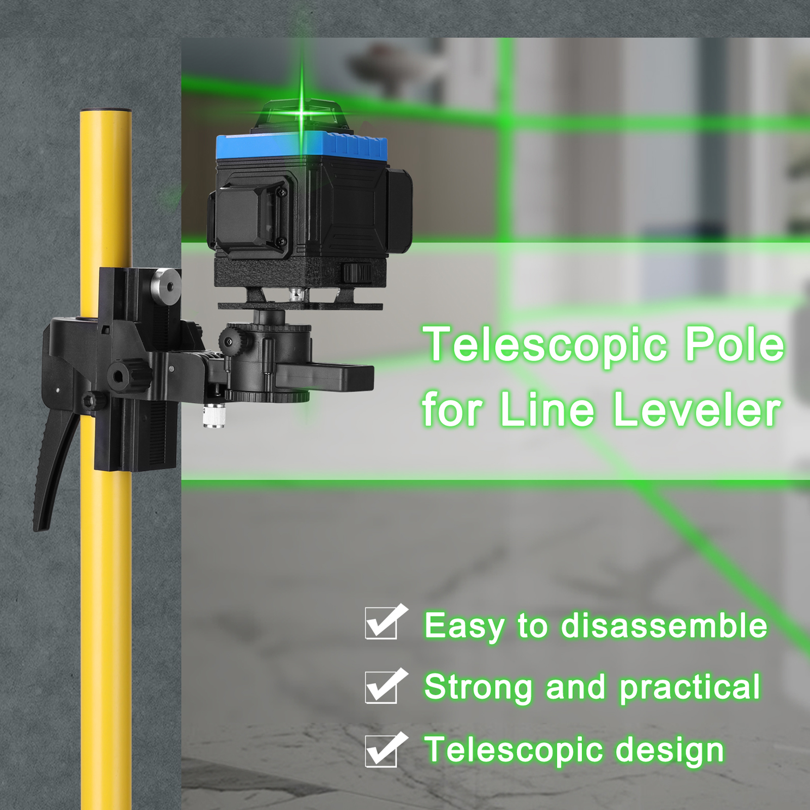 Line Leveler Telescopic Pole Aluminum Alloy Adjustable Lift Extend Bracket Holder Stand Support for 1/4''& 5/8'' Laser Level