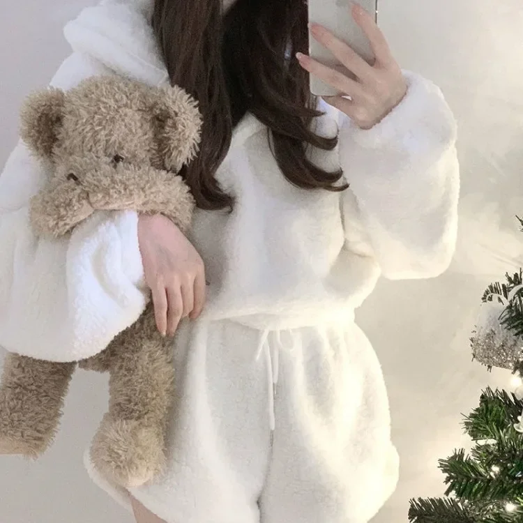 Korean Fluffy Long Sleeve Polar Fleece Hooded Tops Women+ Y2k E-Girl High Waist Shorts 2024 Winter New Two Piece Sets