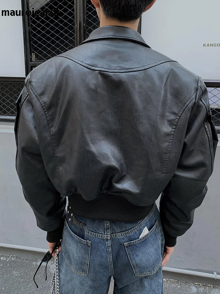 Mauroicardi Spring Autumn Cool Waterproof Black Pu 2025 Leather Jacket new Men Shoulder Pads Long Sleeve Zipper Designer Clothes