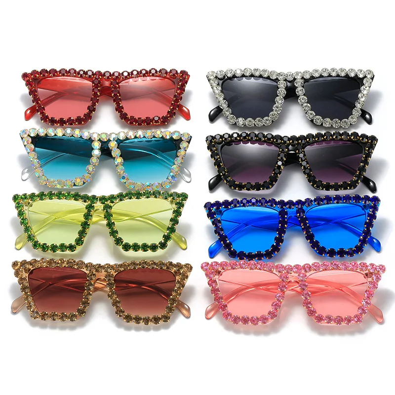 Rhinestones Cat Eye Glitter Sunglasses Women Cateye Vintage Sparkling Crystal Diamond Sun Glasses Model Catwalk Bling Eyewear