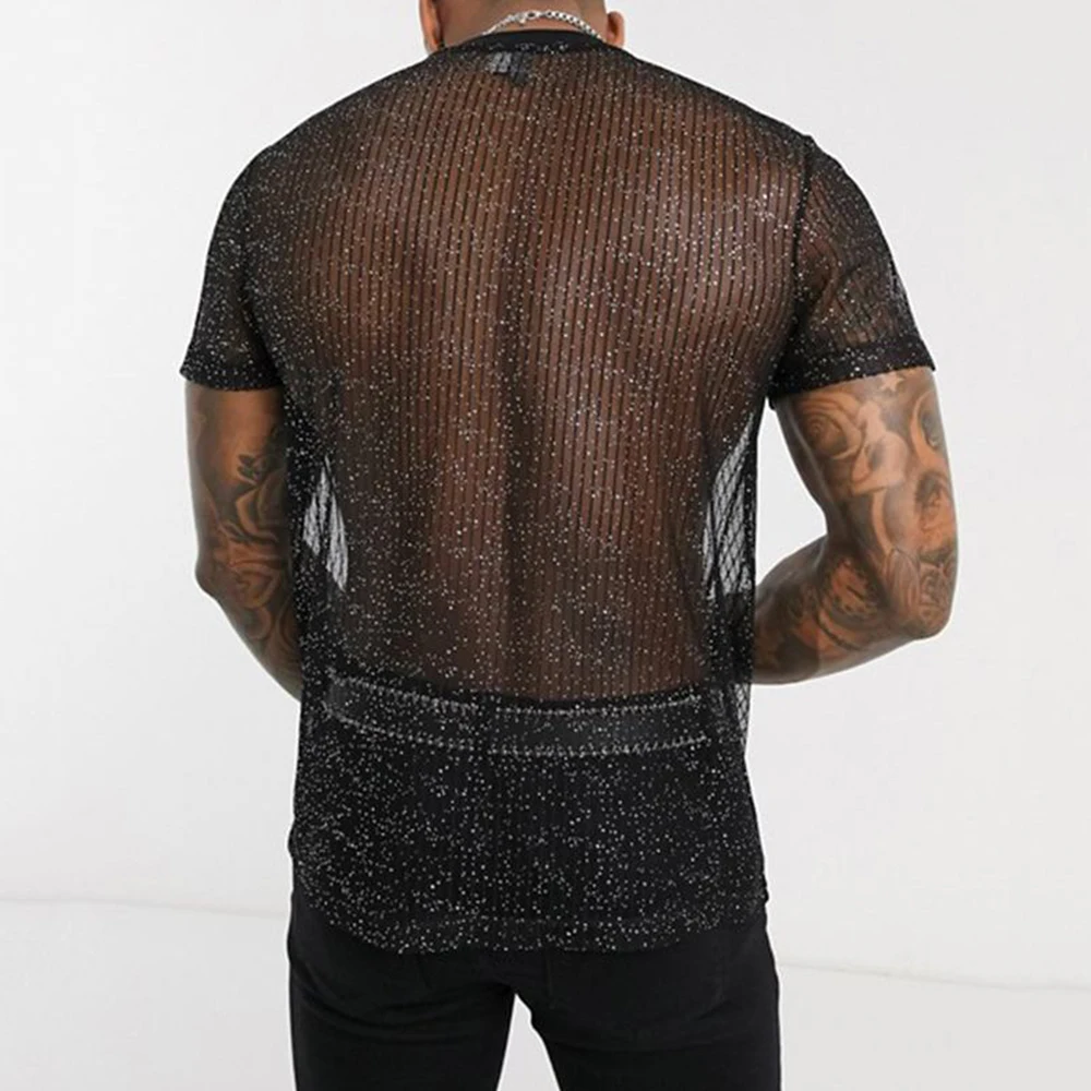 Men T Shirt See Through Sequin Shiny Mesh Sexy Undershirt Short Sleeve Shirts Casual Sexy Sheer Club Top Transparent Blouse