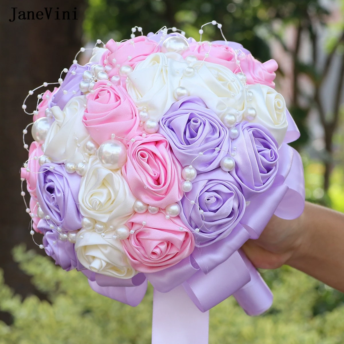 JaneVini Charming Korean Pink Purple Wedding Flowers Bridal Bouquets with Pearls Artificial Satin Roses Bouquet Bride Decoration