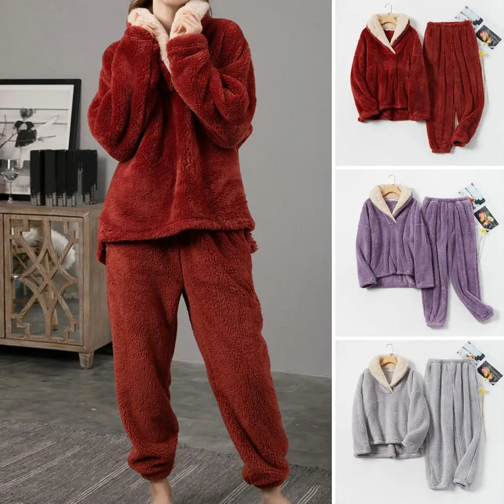 New Pama Sets Women s Solid Long Sleeve Winter Woman Fluffy Pijama Suit with Pants Thick Warm Fleece Home Clothes for Female