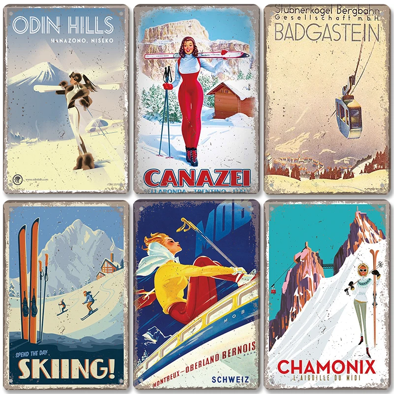 Sports Vintage Poster Skiing Metal Plaque Signs Alpine Skiing Beauty Metal Tin Plate Retro Wall Decor for Ski Club Bar Pub Home smile