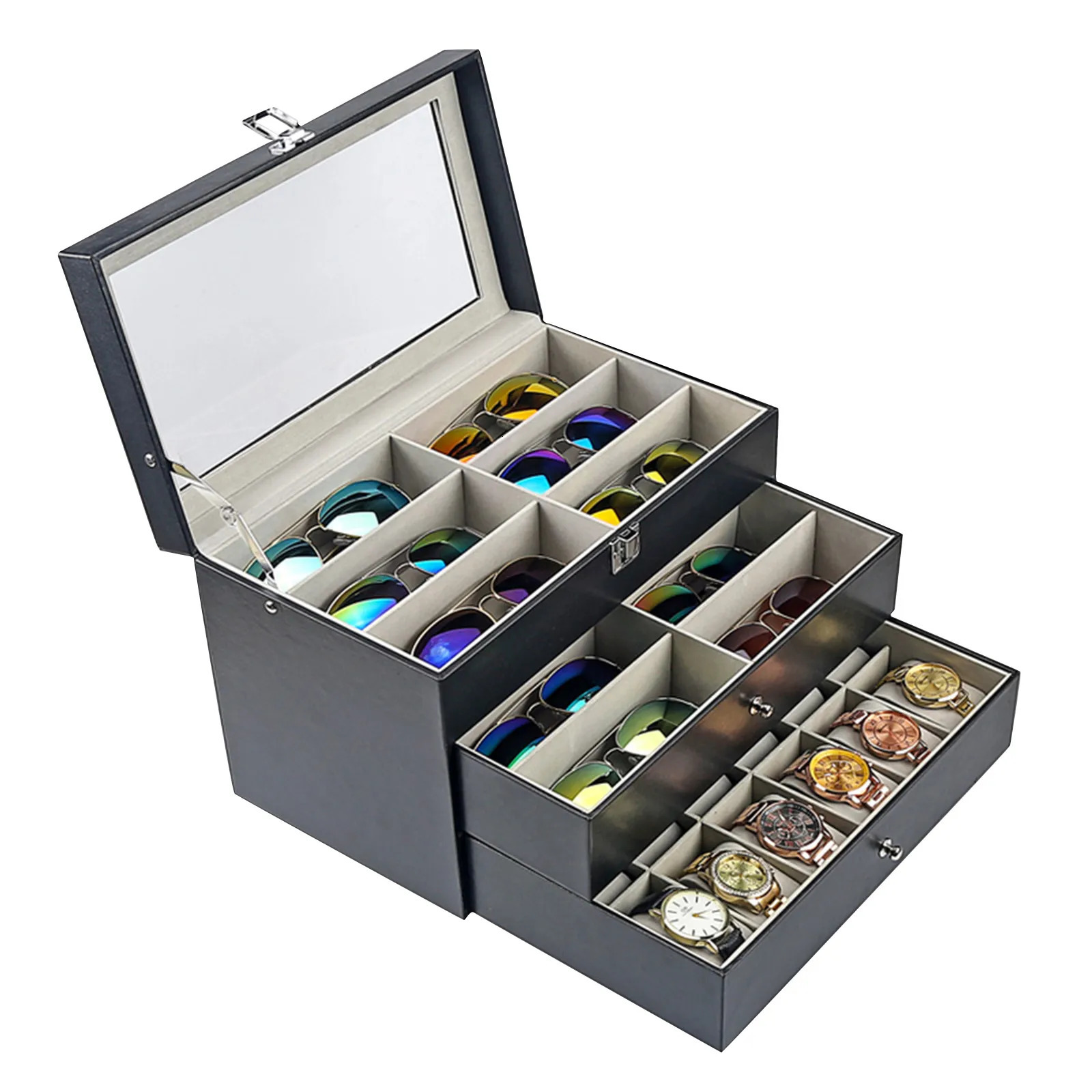 91524 Grid Jewelry Collection Storage Holder Box Leather Watch Glasses Display Case Sunglasses 240327
