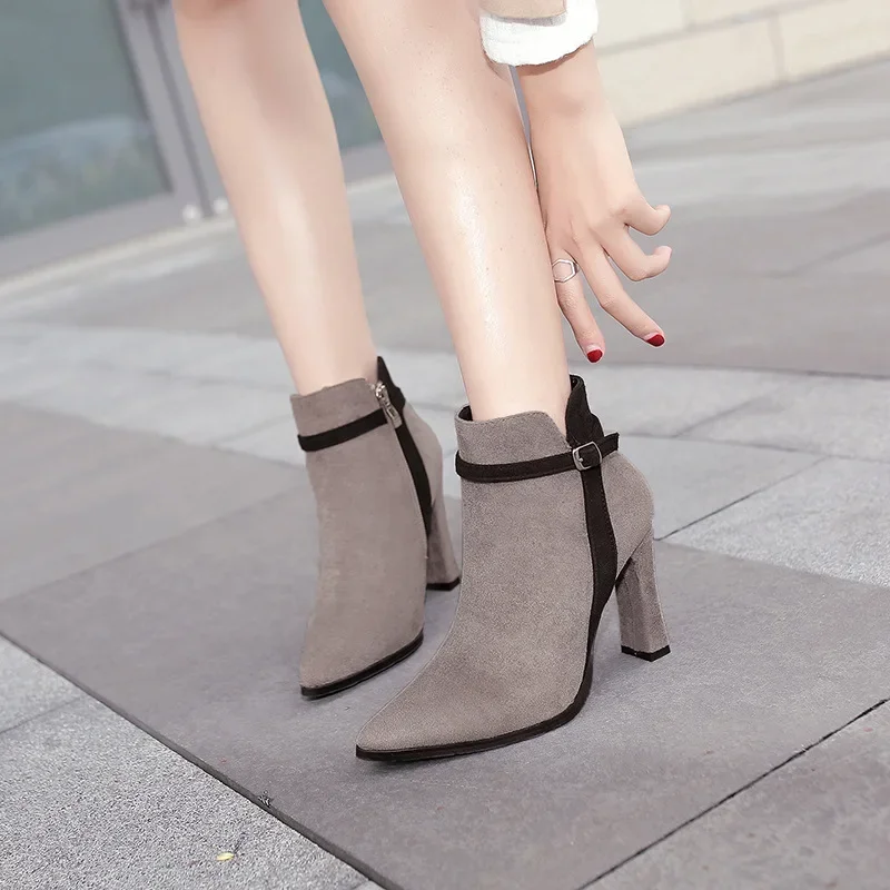 Women Ankle Boots 2023 Autumn/Winter European American New Pointed Thin Heel Short Boot Suede Panel Fashionable High Heel shoes