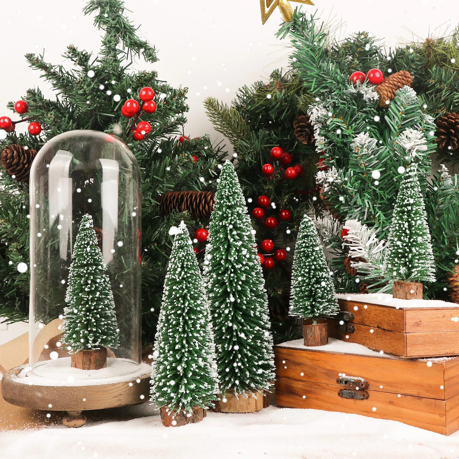 5Pcs Mini Christmas Trees Flocked Bottle Brush Christmas Trees with Wooden Bases Christmas Trees for Tabletop Christmas Decor
