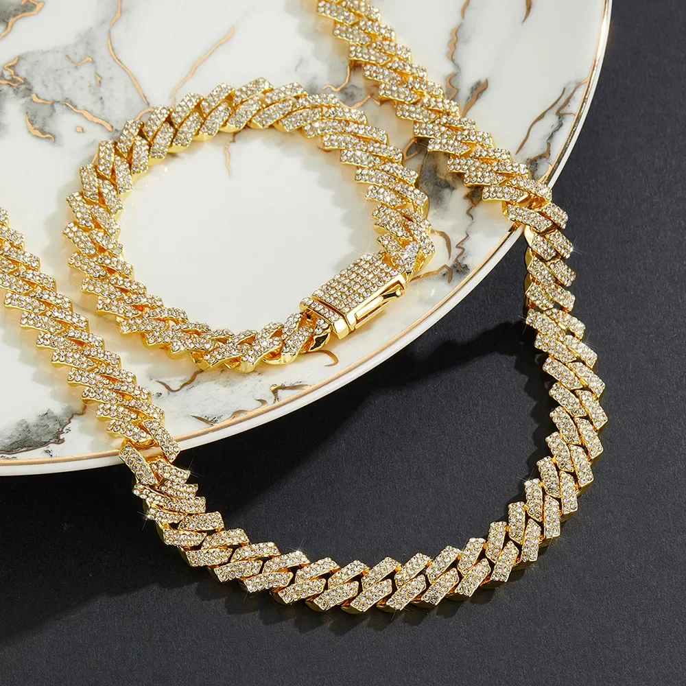 Ice Crystal Rhinestones Strip Spring Buckle Cuban Chain 15mm Hip Hop Men's and Women's Necklace Bracelet Accessory Jewelry