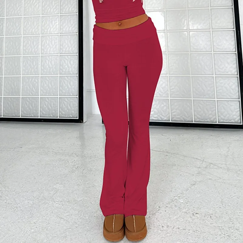 Sexy Spicy Girls Fold Over Flare Long Pants Low Rise Tight Lifting Hip Pants For Women Solid Color American Casual Yoga Trousers