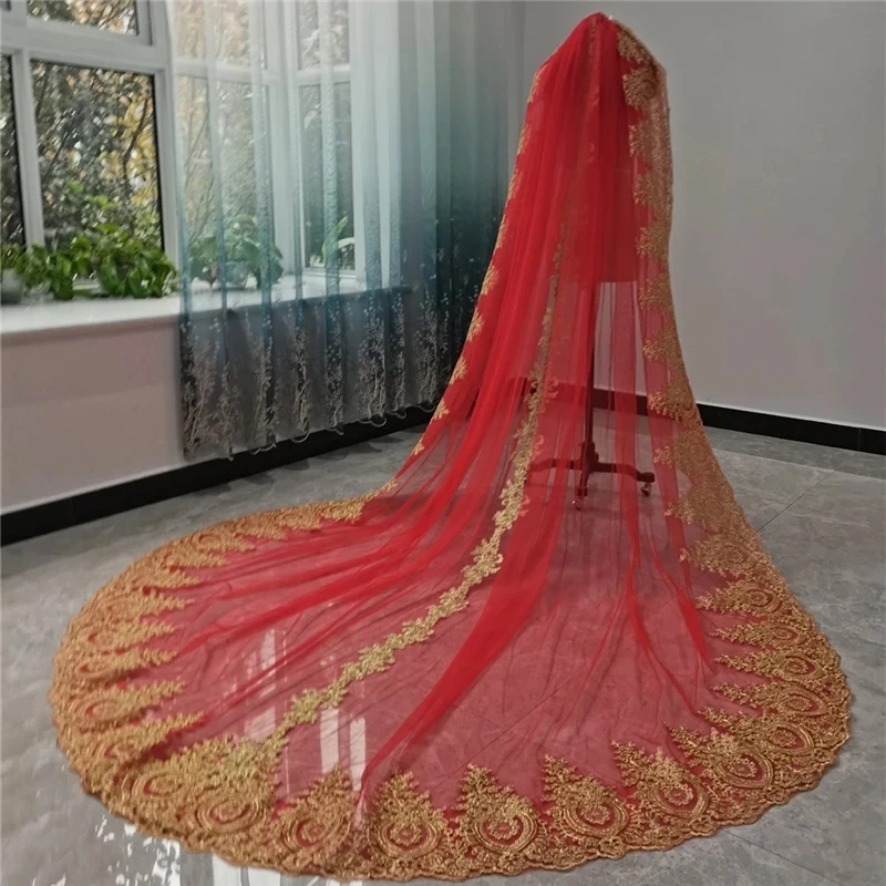 Real Gold Lace Bridal Veils Red Tulle With Comb Single Layer Cathedral Long Colored Wedding Veils for Brides Velos De Novia