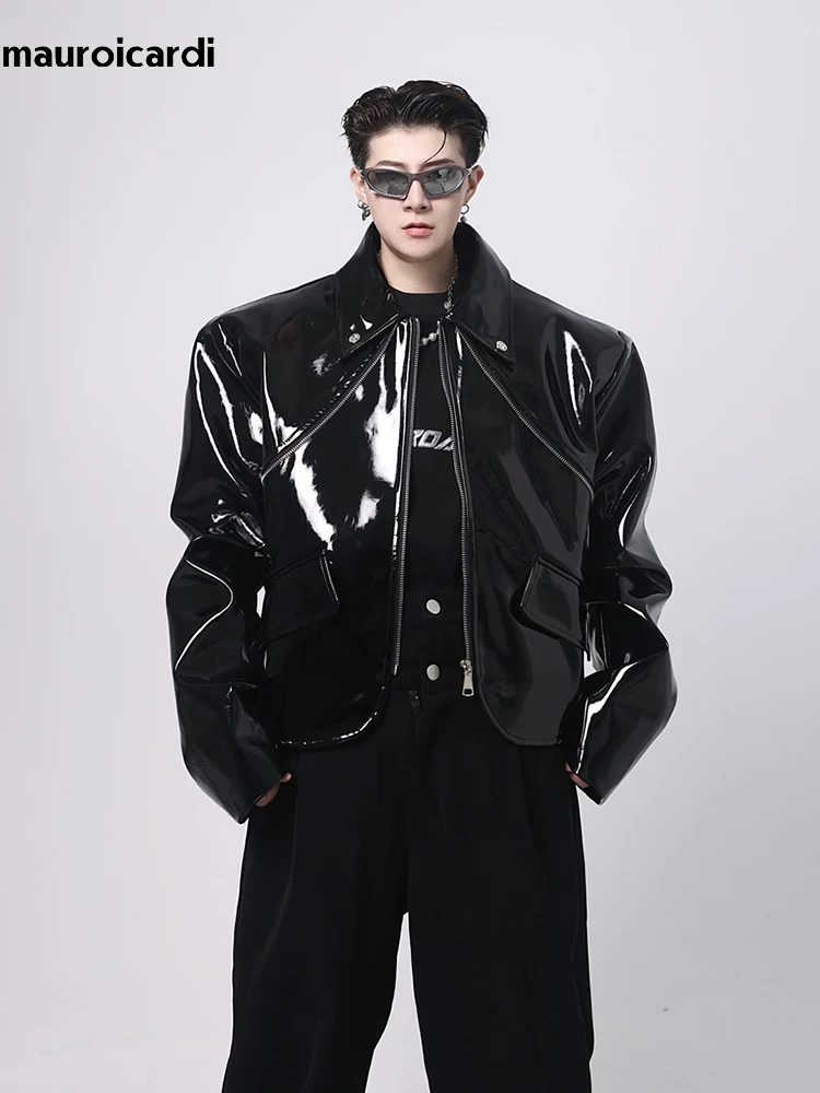 Mauroicardi Spring Autumn Cool Loose Short 2025 Black Shiny Reflective new Patent Faux Leather Jacket Men Zipper Designer Clothes