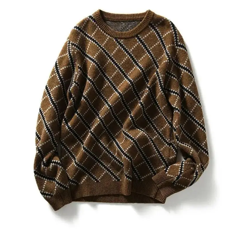 Pullover Round O Neck Brown Women's Sweater Graphic Knit Tops for Woman Plaid Y2k Vintage Tall Jersey Tricot Blouse Korean Style