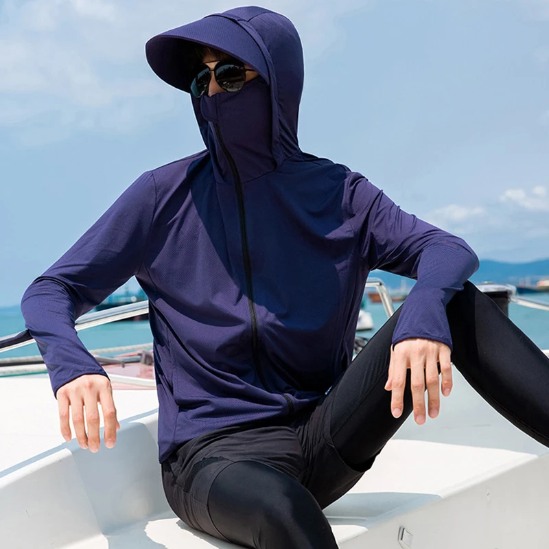 Summer Sunscreen Hoodie Tops Tees Outdoor Face-covering Fishing Hooded Thin Ice Silk Breathable UPF 50+ Men's UV Sun Protection