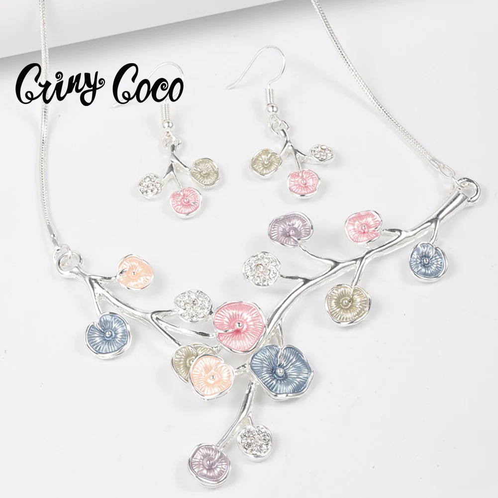 Cring Coco Flower Drop Earrings and Necklaces Set Brazilian Necklace Sier Plated Wedding Bridal Enamel Jewelry Sets for Women 5