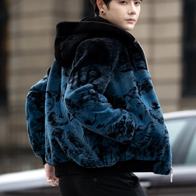 Autumn and Winter New Faux Fur Coat Men's Canary Velvet Coat Long Cap Large Male Print Contrast Color Coat Men Jacket V110