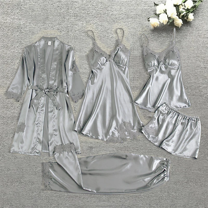 Pajama Set Women Lace Trim Satin Sleepwear Pyjamas Femme Summer Nightwear With Pants Casual Home Wear Kimono Robe Gown PJS