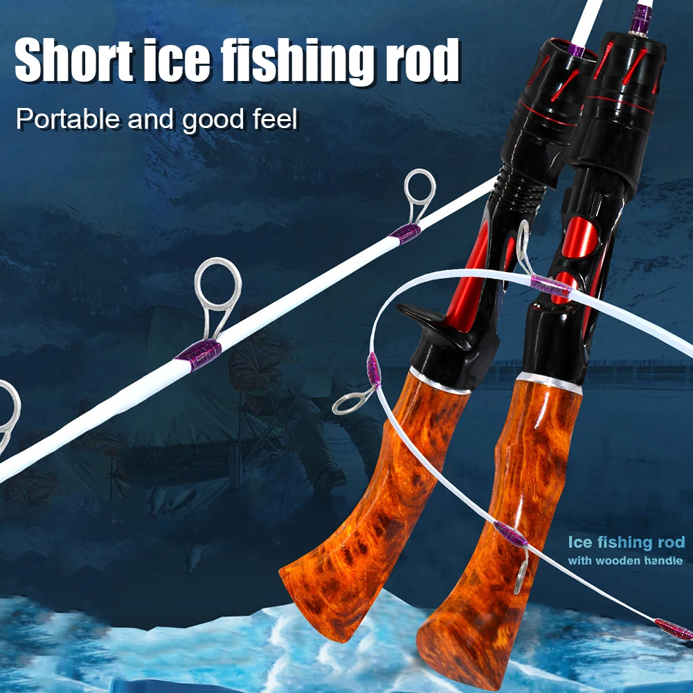 Telescopic Ice Winter Fishing Rod Outdoor Sport Mini Feeder Wooden Handle Fishing Pole Winter Fishing Rod Ice Fishing Reel