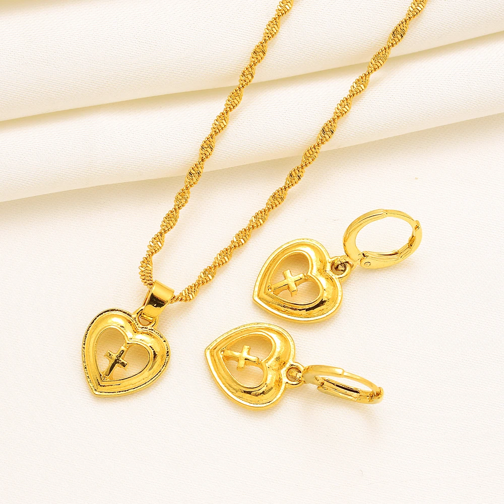Gold Color Dubai Heart Cross Jewelry Sets Earrings Pendant Necklace Women Party Gifts